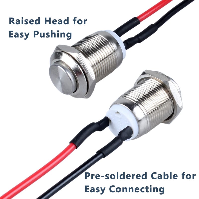 DMWD 2-Pack 12mm Momentary Metal Waterproof Push Button Switch Raised Head 1/2" Mounting Hole with Pre-soldered Cable 250V 2A 1NO - Image 4